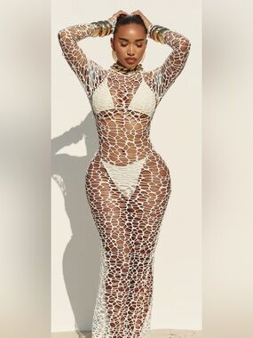 Matte Collection Women’s Ivory Crochet Mesh Swim Coverup Maxi